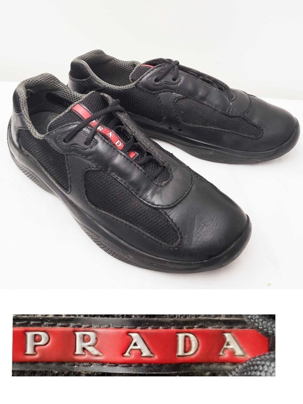 Vintage Prada Womens Sneakers Linea Rossa America’s Cup Black Leather Shoes 37.5